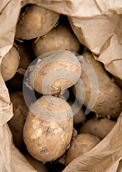 Raw potatoes in brown paper bag