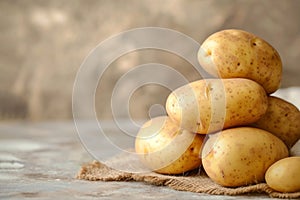 Raw potatoes. Pile of fresh potatoes in an old sack on wooden background. Vegan diet, healthy organic food, vegetables, salad