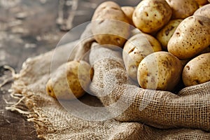 Raw potatoes. Pile of fresh potatoes in an old sack on wooden background. Vegan diet, healthy organic food, vegetables, salad