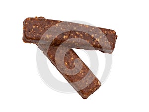 Raw pressed date and fruit bars isolated on white background. Healthy, gluten free snack for energy.