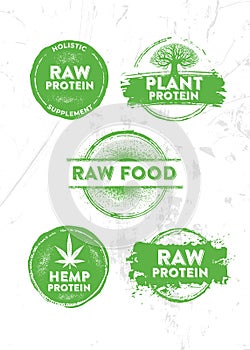 Raw Protein Holistic Organic Plant Food Supplement Design Concept. Vector Brush Stamp Weathered Illustration