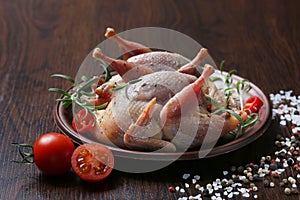 Raw quails ready for cooking on ceramic plate with spices