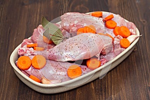 Raw rabbit with carrot on dish
