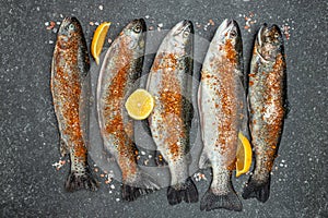 Raw rainbow trout with lemon, herbs and spices. Fish dish cooking with various ingredients, Healthy food or diet nutrition concept