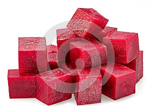 Raw red beetroot cubes isolated on white background