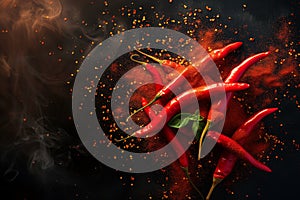 raw red chilly and powder burst isolated on black background, close up
