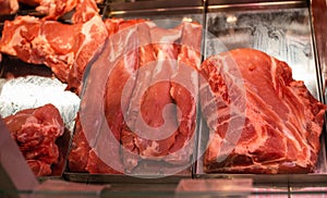 Raw red meat on shelf in supermarket