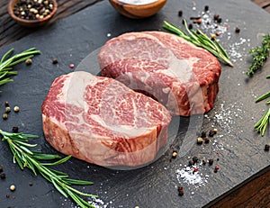 Raw Ribeye steaks with salt and herbs on grey board. Top view