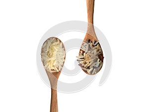 Raw riceberry and jasmine rice in wooden spoon isolated on white background