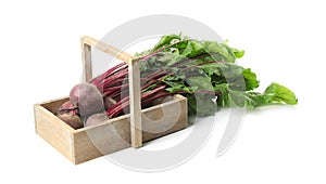 Raw ripe beets in wooden basket isolated