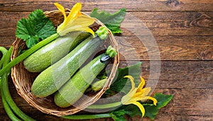 Raw Ripe Zucchini in a Wicker Basket on Wooden Table with Copy Space - Generative Ai