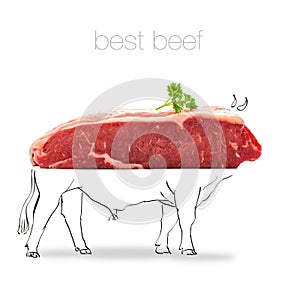 Raw rump steak with bull sketch on white