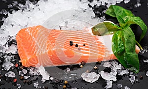 Raw salmon fillet and ingredients for cooking.