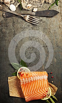 Raw salmon fillet and ingredients for cooking