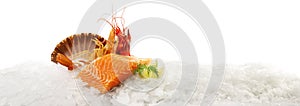 Raw Salmon Fillet Steak with Tiger Prawns, Gamba Carabinero and Shrimp on Ice isolated on white Background photo