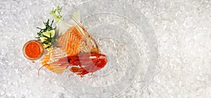 Raw Salmon Fillet Steak with Tiger Prawns, Gamba Carabinero and Shrimp on Ice with white Background photo