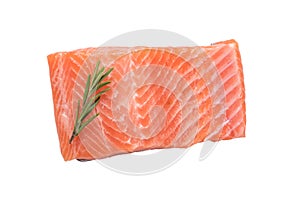 Raw salmon fillet on a white background. Trout fillet with rosemary. Wild atlantic fish