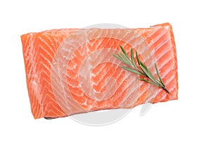 Raw salmon fillet on a white background. Trout fillet with rosemary. Wild atlantic fish