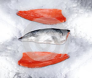 Raw salmon fillets, isolated on white background. Fresh fish, sushi quality salmon. Top view or high angle shot.