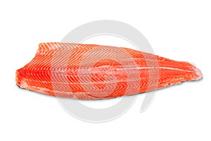 Raw salmon fillets, isolated on white background. Fresh fish, sushi quality salmon. Top view or high angle shot.