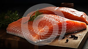 Raw salmon fish fillet with culinary ingredients, herbs and lemon on black background