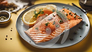 Raw salmon fish fillet with fresh herbs