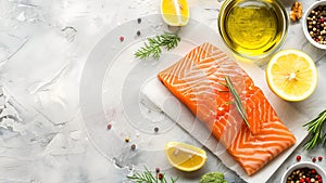 Raw salmon fish fillet on gray background