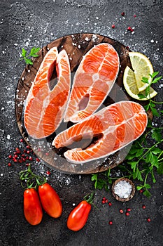 Raw salmon fish. Fresh salmon steaks