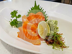 Raw salmon sashimi, Japanese food