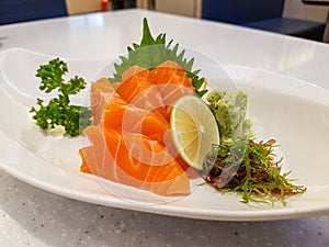 Raw salmon sashimi, Japanese food