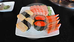 Raw salmon slice or salmon sashimi in Japanese style fresh serve in bowl at Japanese.