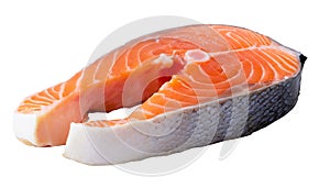 Raw salmon steak with vibrant pink hues, high-quality image on a white background