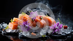 Raw salmon steaks, surrounded by ice cubes, fresh herbs, and sliced cucumbers, seafood market ambiance. Generative ai
