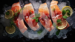 Raw salmon steaks, surrounded by ice cubes, fresh herbs, sliced cucumbers, seafood market ambiance. Generative ai