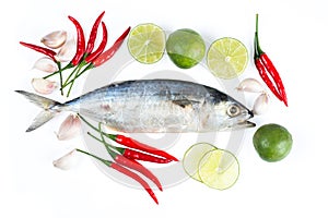 Raw salt mackerel fish with vegetables