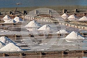 Raw salt or pile of salt from sea water in evaporation