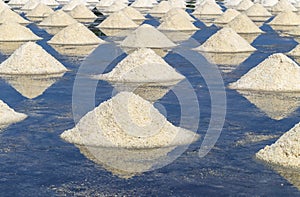 Raw salt or pile of salt from sea water in evaporation; ponds at