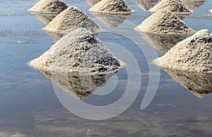 Raw salt or pile of salt from sea water in evaporation; ponds at