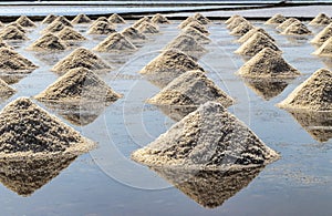 Raw salt or pile of salt from sea water in evaporation; ponds at