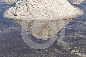 Raw salt or pile of salt from sea water in evaporation; ponds at