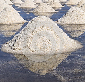 Raw salt or pile of salt from sea water in evaporation; ponds at Phetchaburi province