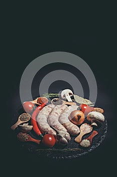 Raw sausages, different vegetables, spices and ingredients on a black background