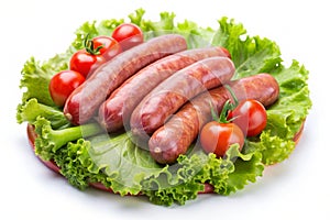 Raw sausages and vegetables photo