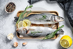 Raw sea bass fish with herbs and lemon. Black background. Top view