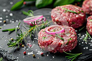 Raw seasoned beef patties garnished with sliced red onions and rosemary on a slate backdrop