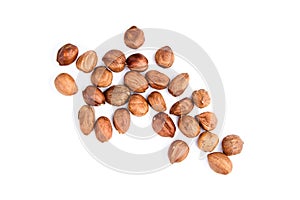 Raw shelled hezelnuts or filberts isolated on white
