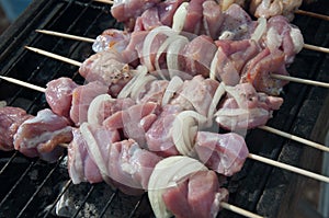 Raw shish kebab cooked on barbecue