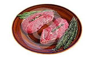 Raw Shoulder Top Blade cut, or Australia wagyu oyster blade beef steak. Isolated on white background