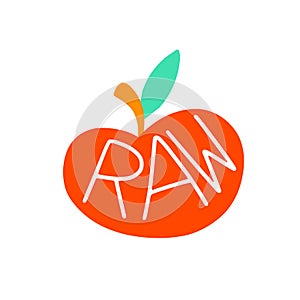 Raw sign. Red Apple. Healthly food concept icon. Flat cartoon vector illustration, hand drawn style