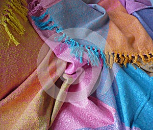 Raw Silk Throws from India.Colorful throws with fringe. photo